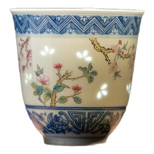 富玉窑官方旗舰店景德镇陶瓷茶杯主人杯中式仿古青花斗彩玲珑单杯