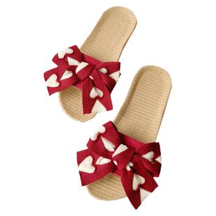 新款少女心蝴蝶结亚麻拖鞋女夏家居室内防滑静音轻便凉拖鞋可外穿