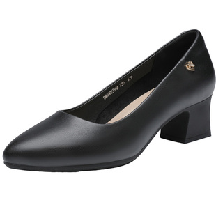 大东女鞋2026新款春季女士皮鞋浅口单鞋黑色粗跟通勤面试工作鞋女