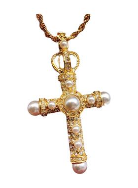 Vintage中古首饰JBK杰奎琳复古精致人造珍珠镶钻十字架胸针项链