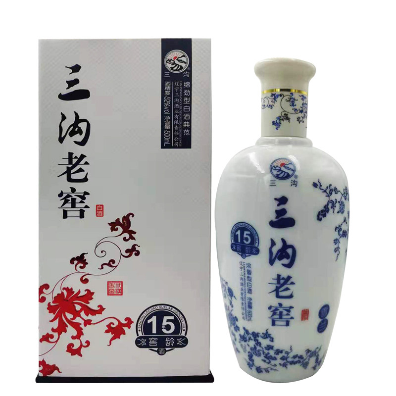 纯粮酿造三沟老窖窖龄15年52度500ml浓香型礼盒包装固态法白酒