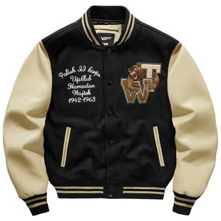 VIP美式棒球服男春秋vibe风拼接夹克复古刺绣情侣款毛呢外套潮牌