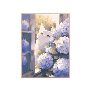 绣球花猫咪可爱治愈填充数字油画diy手绘丙烯油彩画手工装饰挂画|