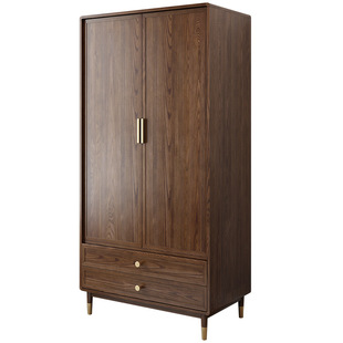 北欧轻奢白蜡木衣柜现代卧室实木两门胡桃色对开门中式木蜡油家具