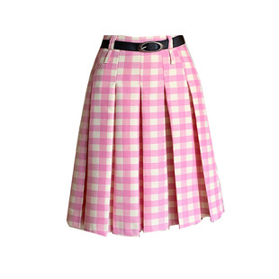 大码粉色格子高腰百褶半身裙女夏学院风格纹半裙显瘦A字中长裙子
