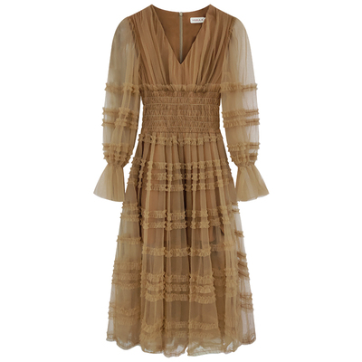 网纱连衣裙黄色原创法式复古V领