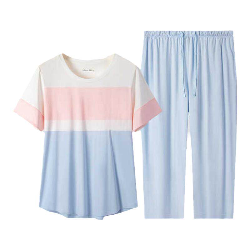 schiesser舒雅女士家居服薄款透气纯棉圆领短袖七分裤休闲服套装