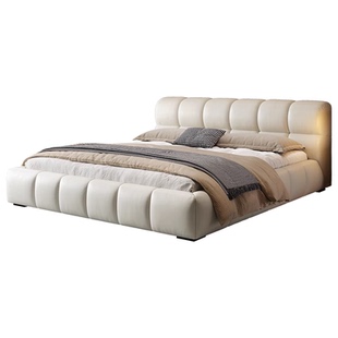 格调宣言奶油风泡芙简约现代真皮床主卧高端大气储物床网红软包床
