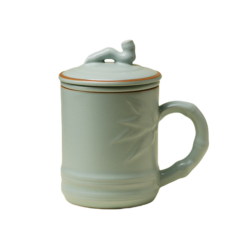 梵汝 天青汝窑竹节马克杯三件套茶水过滤陶瓷茶滤喝茶杯办公水杯