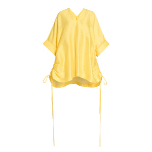【亚麻竹节纱】ZHUCHONGYUN2025夏柠檬黄亮色V领侧抽褶宽松上衣
