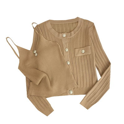 V领针织吊带+长袖衬衫外套套装