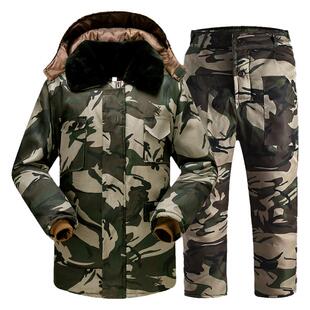 中长款迷彩棉袄男冬季加厚绒保暖劳保棉衣棉裤套装冷库工作防寒服
