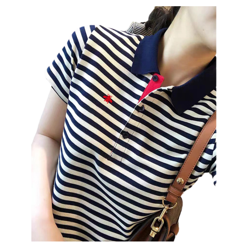 正肩polo衫t恤港風(fēng)上衣 條紋有領(lǐng)女短袖遮肚子顯瘦休閑百搭半袖夏