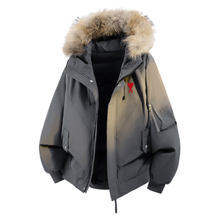 Ami iepo官方大毛领羽绒服男女冬季新款鸭绒可拆卸连帽座山雕外套