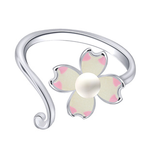 简约设计中国风气质S925纯银指环粉色花戒指少女开口戒装饰品礼物