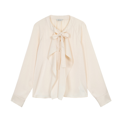 NEVA HU 浪漫时区 缎面感不对称飘带衬衫女气质优雅系带宽松衬衣