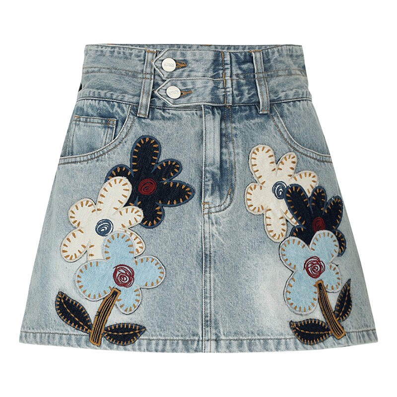 妖精的口袋贴布刺绣复古水洗牛仔半身裙女2026春夏新款裙裤短裙子
