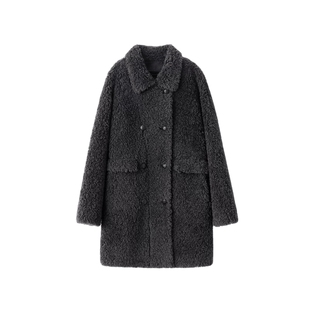 美力城羊羔毛灰色翻领大衣中长款高奢保暖鹅绒内胆冬季羽绒外套女