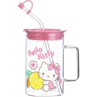 HelloKitty吸管玻璃杯女生高颜值三丽鸥杯子带刻度家用大容量水杯