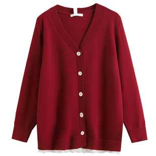 300斤胖莹莹大码女装法式复古端丽风新年红蕾丝假两件V领针织开衫