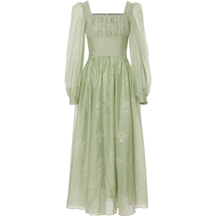 从那以后法式风碎花裙绿色长袖连衣裙早秋长裙公主茶歇裙子女秋季