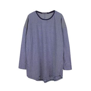 T43韩国女装代前短后长宽松条纹棉质长袖圆领套头春秋女T恤打底衫