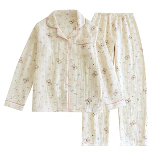 加厚四层纯棉纱布睡衣女春秋卡通小熊翻领开衫长袖全棉家居服套装