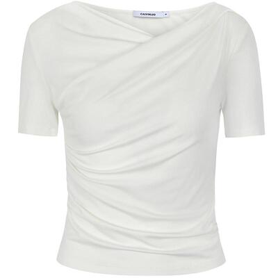 CALVINLUO 不对称褶皱修身v领短袖设计感T恤可一字肩夏季秦岚同款