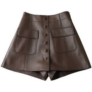 绵羊皮真皮皮短裤女高腰显瘦a字欧货皮裤2025新款秋冬阔腿皮裙裤