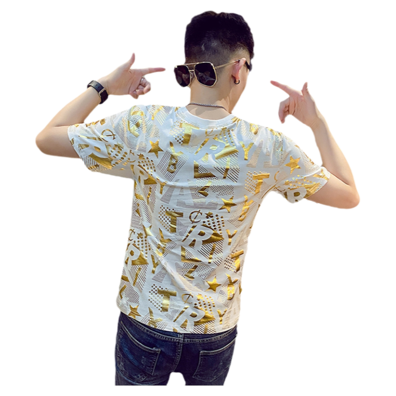网红潮牌烫金半截袖ins男士t恤
