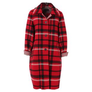 乔万尼毛呢外套女新款冬季羊毛大衣红色格子呢子大衣中长款