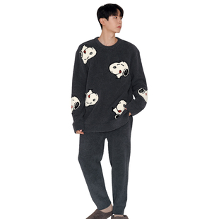 贝妍冬季珊瑚绒情侣睡衣女新款保暖半边绒套装男大码史努比家居服