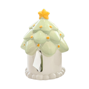 树屋圣诞树陶瓷纸巾盒客厅高档轻奢抽纸盒高级感家用餐巾纸盒摆件