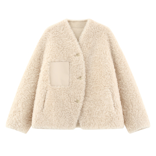 【繁绒】升级厚密100绵羊毛皮毛一体v领拼皮口袋毛毛外套-16325