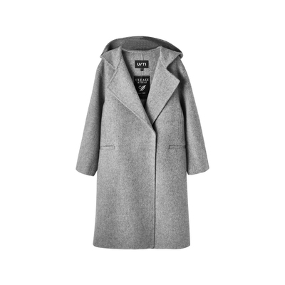 U/TI灰色双面呢连帽大衣女高级感通勤绵羊毛外套尤缇时尚冬季新款