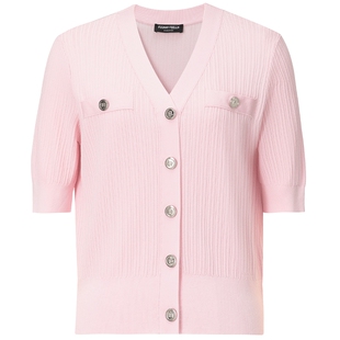 商场同款FF||仿佛夏季粉色针织衫女休闲轻薄短袖设计感