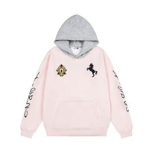 DHSS美式徽章战马刺绣拼色连帽加绒卫衣男女春季宽松情侣套头帽衫