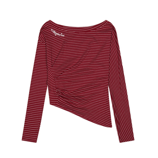 辣到中暑美式复古辣妹风条纹斜肩长袖T恤外穿修身显瘦打底上衣ins