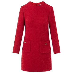 莱茵福莱尔2025年春季正红圆领小香风连衣裙简约新年拜年绵羊毛