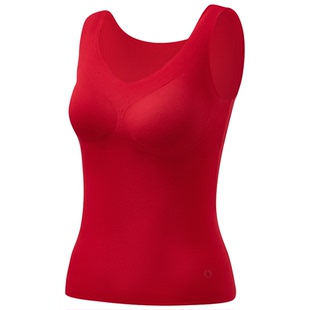 松山棉店小暖羊带胸垫保暖背心女士打底衫加绒内衣保暖内衣冬红色