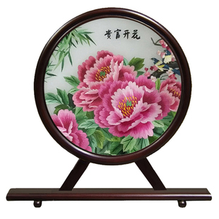 苏州刺绣工艺品摆件花鸟梅花台屏摆件熊猫手工双面绣屏风实木外框