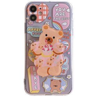 ins贴纸小熊带支架适用苹果15手机壳iphone13透明12可爱14promax