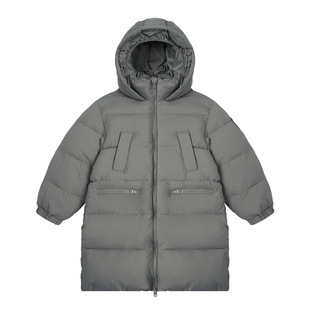 大男童连帽立领鸭绒外套中长款徽章时尚中大儿童保暖羽绒服黑灰色