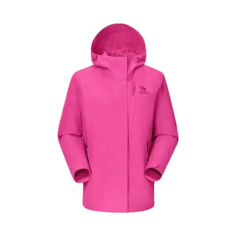 [王者凯甲]骆驼户外硬壳冲锋衣单层女防风防水登山服男紫玫红外套