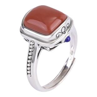 S925纯银南红玛瑙青金石复古做旧方形偏财戒指民族风百搭食指戒女