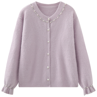 慕兔法式重工钉珠毛衣女2025冬季新款小个子宽松长袖针织开衫上衣