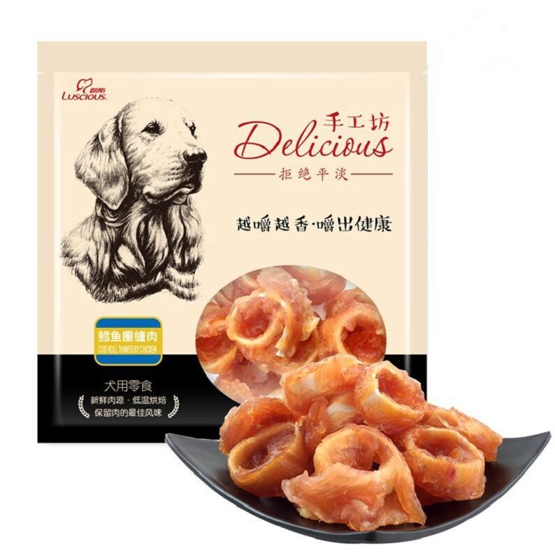 路斯狗狗零食鳕鱼圈缠肉400g泰迪宠物狗鸡肉硬丝训练零食软丝翅膀