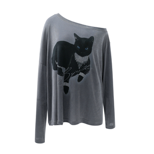 BJHG不计后果斜肩长袖T恤女款2026新款春夏洒银黑猫印花罩衫上衣
