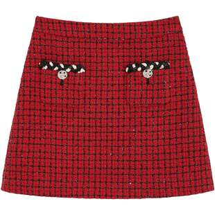 【新年臻选】bebe冬季女士含羊毛红色织带缀饰格纹半身裙420101
