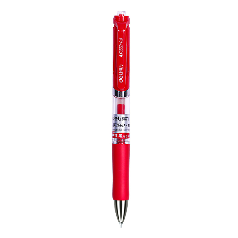 得力按动红笔中性笔0.5mm教师批改专用老师用按压式签字笔改试卷直液式走珠笔学生专用红油笔圆珠笔红笔芯
